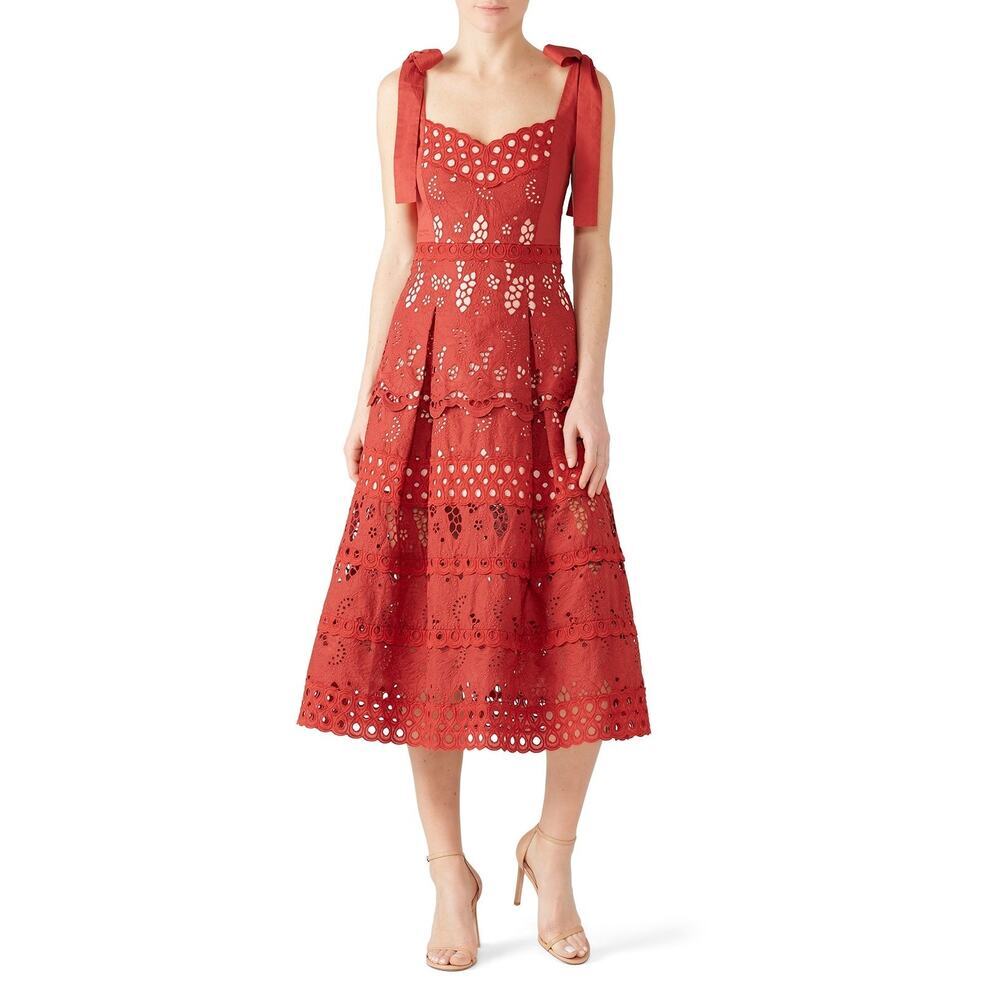 Three Floor Damsel Sweetheart-Neck Eyelet Dress Sleeveless Lined Red Size 4